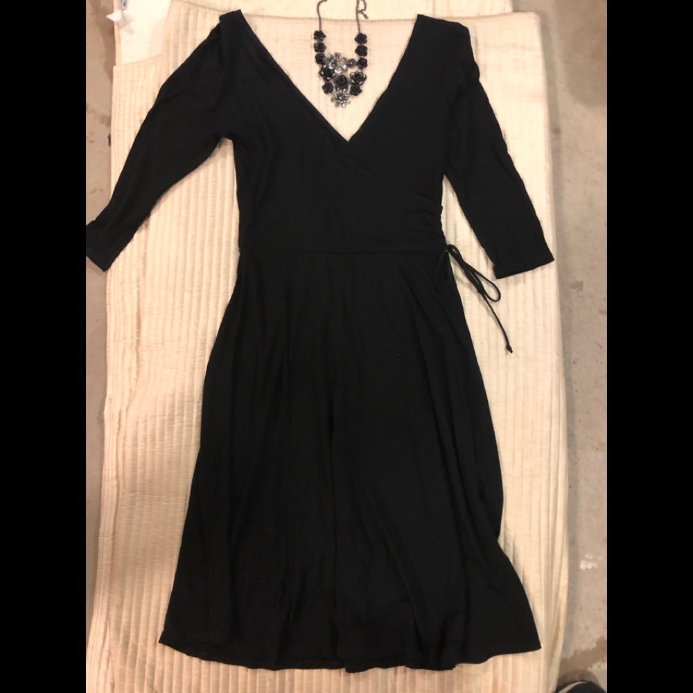 Black 3/4 sleeve black faux wrap dress w/ Necklace